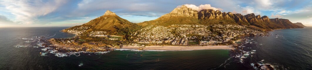 View from Camps Bay beach over Lions Head and the twelve apostles on Table Mountain