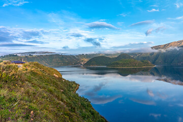 Cuicocha crater lake at the foot of Cotacachi Volcano in the Ecuadorian Andes.
