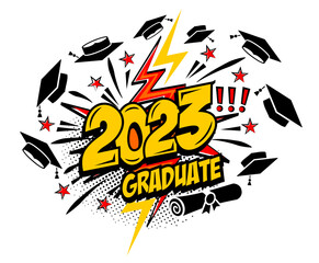 2023 class graduate header. The concept of decorate congratulation for school graduates in comic cartoon style. Vector on transparent background