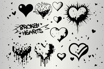 Collection of unique graffiti hearts. Painted broken heart. Spray ink hearts. Romantic valentine day heart, Abstract paint love symbol vector design elements. Ink graphic graffiti stains.