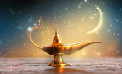 Aladdin lamp of wishes on table at night