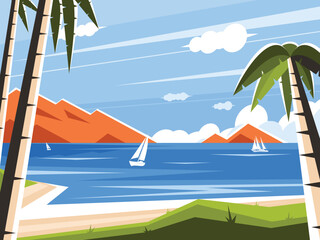 Picturesque tropical island. Wild beach. Sailing boat in the sea on a background of mountains. Vector graphics - obrazy, fototapety, plakaty