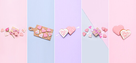Collage with delicious heart-shaped cookies on color background. Valentine's Day celebration