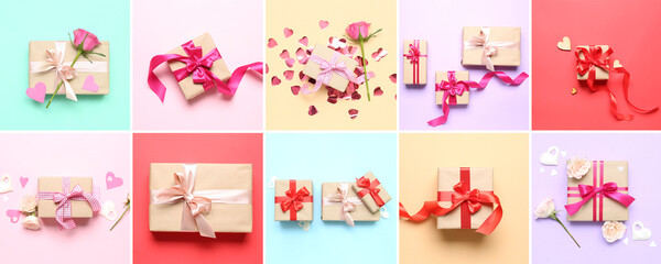 Collage with many gifts for Valentine's Day on colorful background