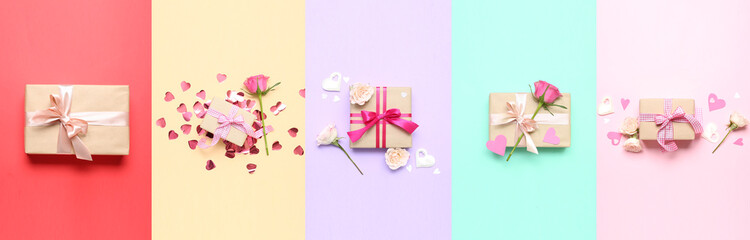 Collage with many gifts for Valentine's Day on colorful background, flat lay