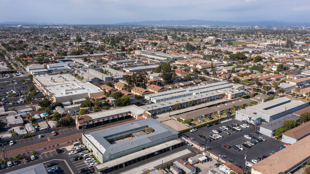 Daytime aerial view of housing in the urban core of Bellflower, California, USA.