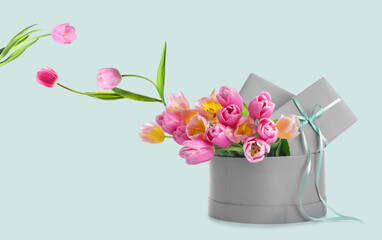 Gift boxes and beautiful flowers on white background