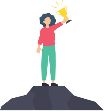 Woman celebrating victory, Girl holding gold cup on winner podium flat vector illustration, Winning, success, achievement, Business Success
