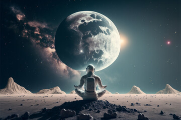 Obraz premium astronaut in the lotus position meditates on the moon, the concept of a conscious spiritual person created by artificial intelligence, art