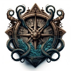 Nautical sailor deep sea logo with ship and steering wheel isolated design