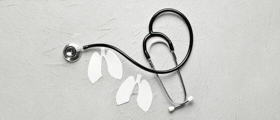 Paper lungs with stethoscope on light background
