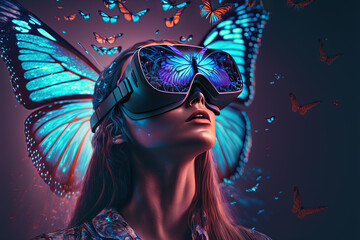 Portrait of a beautiful woman in vr glasses. Full immersion concept. Metaverse design. Virtual reality. Generative AI