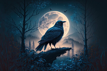 Fantasy portrait of a raven. Fantasy black bird. Witch's bird. Dark illustration. Generative AI