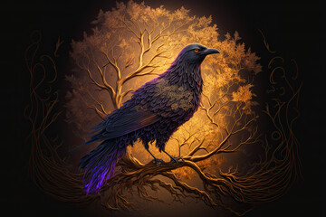 Fototapeta premium Fantasy portrait of a raven on a golden tree. Witch's bird. Dark illustration. Generative AI