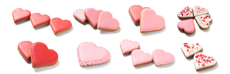 Set of delicious heart-shaped cookies for Valentine's Day on white background