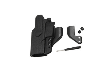Plastic holster for a pistol. Accessory for convenient and concealed carrying of weapons. View from all sides. Isolate on a white back.
