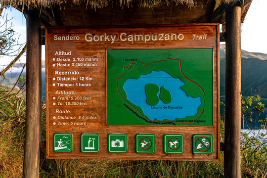Ecuador - October 7, 2022: Cuicocha crater lake at the foot of Cotacachi Volcano in the Ecuadorian Andes.