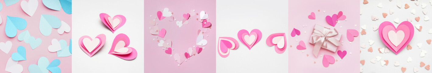 Collage with paper hearts on color background. Valentine's Day celebration