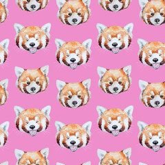 Hand-painted watercolor seamless pattern with red pandas` portraits on a pink background. Printing design and fabric design.