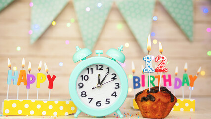 Happy birthday greeting card with muffin pie and retro clock on clock hands new birth. Beautiful background with decorations festive happy birthday decoration with number 12