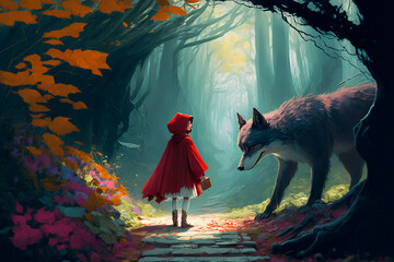 Little Red Riding Hood meets the wolf in the woods - obrazy, fototapety, plakaty
