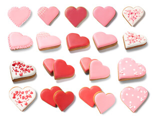 Set of delicious heart-shaped cookies for Valentine's Day on white background