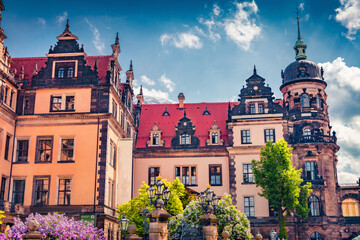 Attractive spring cityscape of Dresden town with residence kings of Saxony Dresden Castle (Residenzschloss or Schloss), Katholische Hofkirche, Germany, Europe. Architecture background.