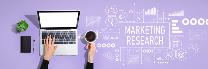 Marketing Research theme with person using laptop computer