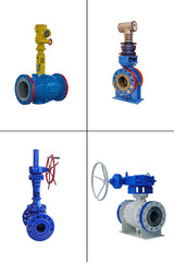 four valves of various designs with automatic and manual control for a gas pipeline on a white background - 562210597
