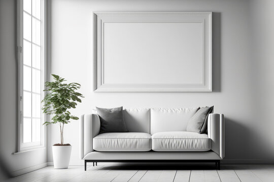 Poster in the livingroom mockup template, white sofa and picture frame background, generative ai