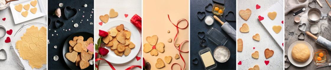 Obraz na płótnie Canvas Set of heart shaped cookies with raw dough, ingredients and utensils on table
