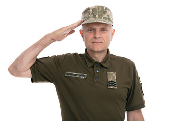 Ukraine army soldier isolated on white background. Portrait of old Ukrainian defender saluting...