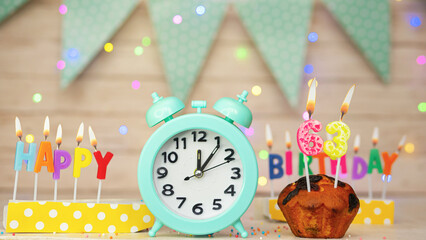 Happy birthday greeting card with muffin pie and retro clock on clock hands new birth. Beautiful background with decorations festive happy birthday decoration with number 63