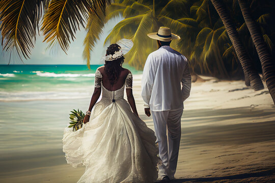 Braut und Bräutigam von hinten spazieren frisch verheiratet an einem traumhaft schönen Strand entlang - Ai generiert