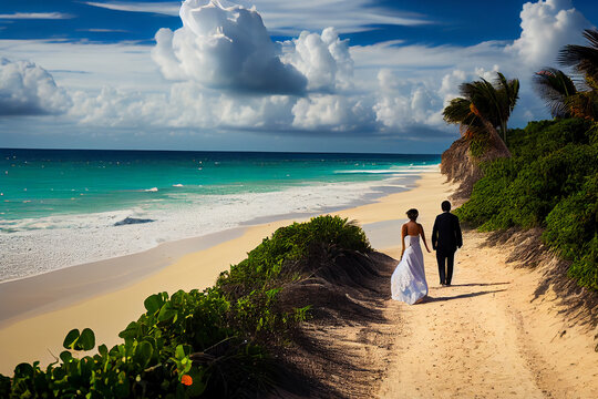 Braut und Bräutigam von hinten spazieren frisch verheiratet an einem traumhaft schönen Strand entlang - Ai generiert