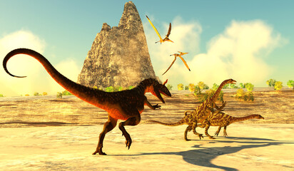 Cryolophosaurus attacks Anchisaurus Dinosaurs - Anchisaurus dinosaurs run from an attacking theropod Cryolophosaurus predator as Pteranodon Pterosaurs fly over. © Catmando