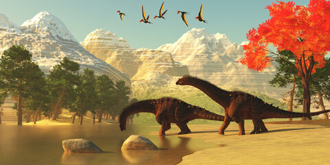 Alamosaurus Dinosaur Autumn - A flock of Dsungaripterus Pterosaurs fly over two Alamosaurus sauropod dinosaurs getting a drink of water. © Catmando