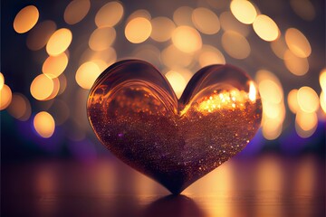 Gold heart, golden sparkling glittering love symbol on blurred bokeh yellow lights background for Valentine's day card. AI generative