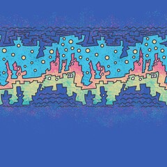 Seamless abstract geometric pattern. Simple background navy blue, green, yellow, red silhouette. Blue background. Designed for textile fabrics, wrapping paper, background, wallpaper, cover.