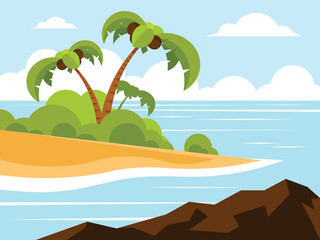 Sand beach with palm trees and bushes in the background of the ocean. Vector graphics