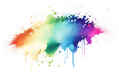 Colorful watercolor stain isolated on a white background Rainbow colors of watery paint.Watercolor colorful drops and spray on a white background.For packaging design of paints, albums. Generative AI