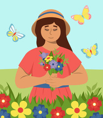 Obraz na płótnie Canvas Spring Portrait Of Girl With Bouquet With Colorful Flowers Vector Illustration In Flat Style
