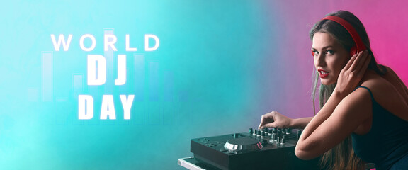 Female dj playing music in nightclub. Banner for World DJ Day