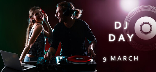 Young djs playing music in nightclub. Banner for World DJ Day