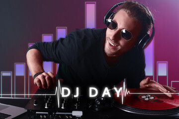 Male dj playing music in nightclub. Poster for World DJ Day