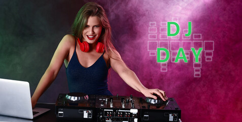 Female dj playing music in nightclub. Banner for World DJ Day