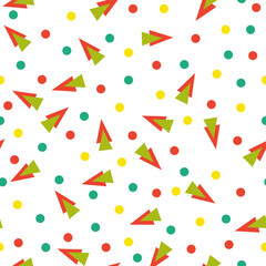 Seamless abstract geometric pattern. Yellow, red, green, white. Vector illustration. Triangles, circles, dots texture. Design for textile fabrics, wrapping paper, background, wallpaper, cover.