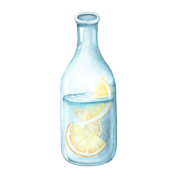 Water with lemon in a transparent glass bottle. Watercolor illustration. Isolated on a white background. For your design weight loss brochure, kitchen utensils, stickers, crockery prints