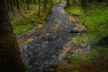 Feldaist river in valley near Rainbach im Muhlkreis in winter day without snow