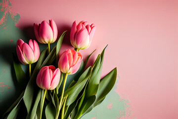 Wunderschöne rosa Tulpen auf Hintergrund mit Platzhalter. Perfekter Hintergrund für den Frühling, Valentinstag, Ostern, Geburtstag, Hochzeit, Muttertag und Weltfrauentag - Ai generiert
